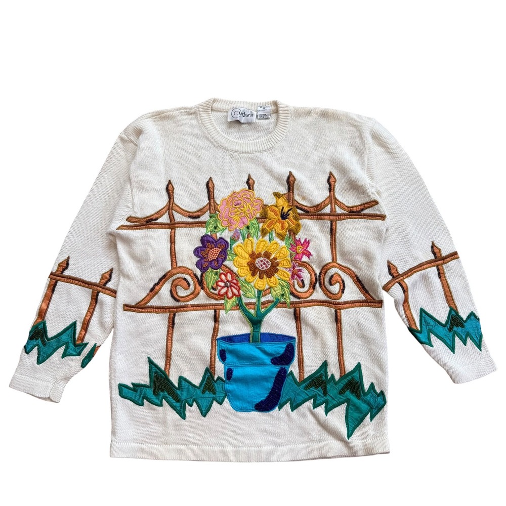 Cedars Vintage 90s Beaded‎ Floral Embroidery Knit Sweater Cream Womens Medium